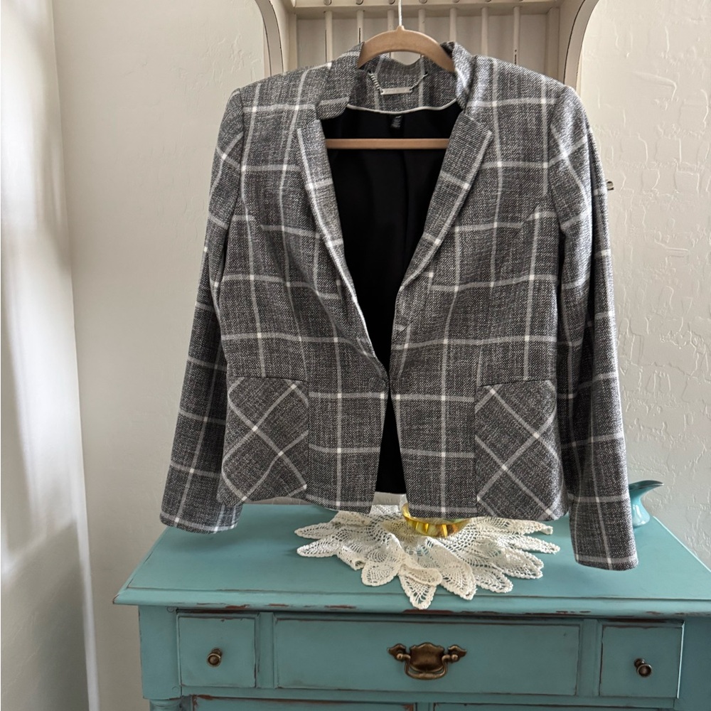 WHBM SUIT Gray Plaid Open-Front Women's Blazer Jacket size 14P Skirt size 12
